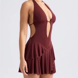 Ruffled Cut-Out Halterneck Mini Dress in Chestnut Brown